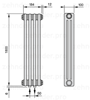 Схема (чертеж) Радиатор Zehnder Charleston 3180/4 №3470 Technoline TL